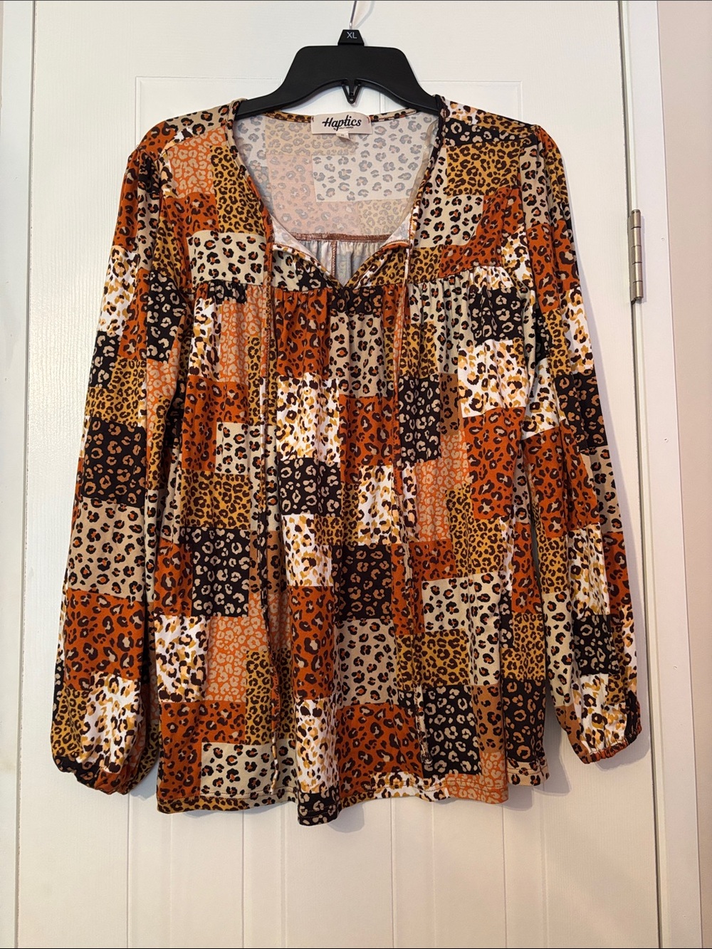 Haptics Patchwork Leopard-Print Blouse in Orange and Tan